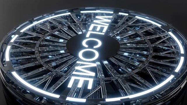 Futuristic Welcome Display: A captivating, circular technological display illuminates the word WELCOME in glowing, futuristic font, showcasing innovation and modern design.