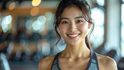 明るい笑顔でジムに通う20代前半日本人女性｜トレーニングウェアのフィットネスポートレート