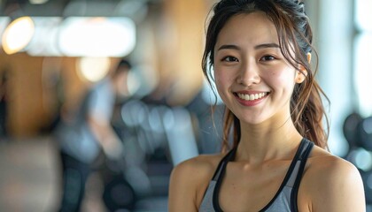 明るい笑顔でジムに通う20代前半日本人女性｜トレーニングウェアのフィットネスポートレート