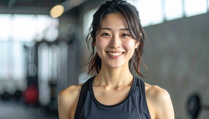 明るい笑顔でジムに通う20代前半日本人女性｜トレーニングウェアのフィットネスポートレート