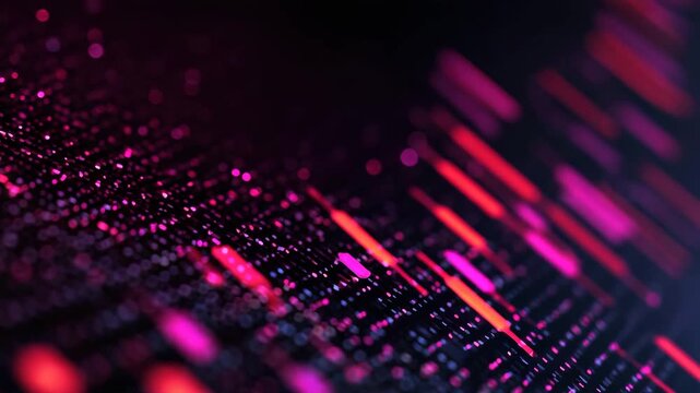 Neon pink and red data visualization dark circuit board with bokeh highlights and glowing digital chart, neon pink purple waveform cityscape with glowing data lines, neon glowing pink red light bars