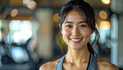 明るい笑顔でジムに通う20代前半日本人女性｜トレーニングウェアのフィットネスポートレート