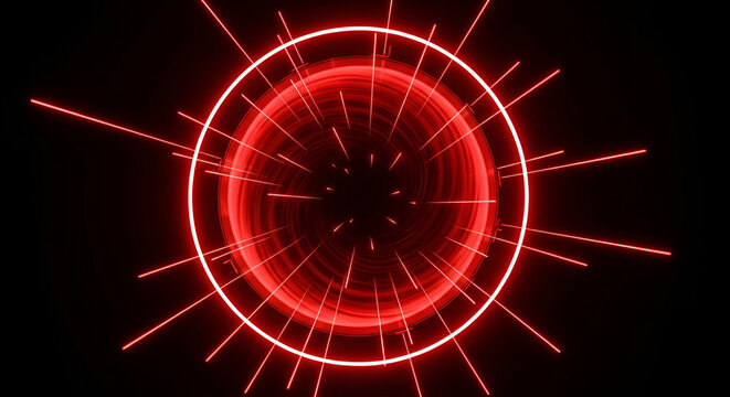 Abstract red neon tunnel with radial lines and concentric circles on black backdrop
