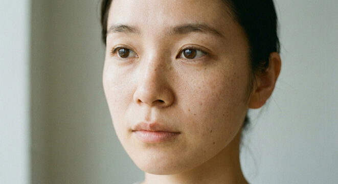 Close-up portrait of a Japanese woman with freckles and sunspots on her face, skin concerns and dermatology concept