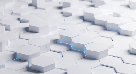 Fototapeta premium Futuristic 3D White Hexagon Pattern with Glowing Blue Neon Lights and Geometric Texture