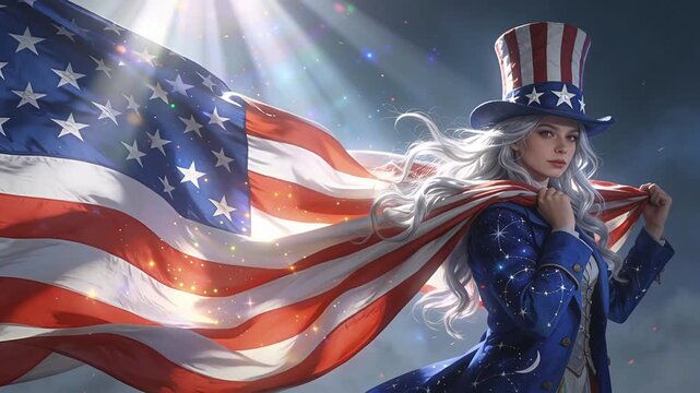 Patriotic Woman in Uncle Sam Hat with American Flag Waving Proudly.