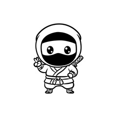 Cute chibi ninja character line art with katana and peace sign