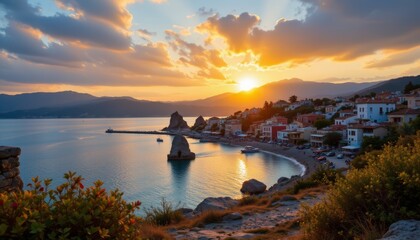 Coastal Town at Sunset