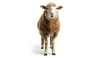 Fototapeta premium Full length portrait of a domestic sheep standing and looking at camera isolated on white background. 