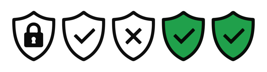 Set of shield icons with lock checkmark and cross symbols security protection approval and denial status