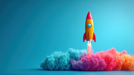 A colorful rocket launches from vibrant clouds of pink and blue smoke against a bright turquoise background, symbolizing creativity and exploration.