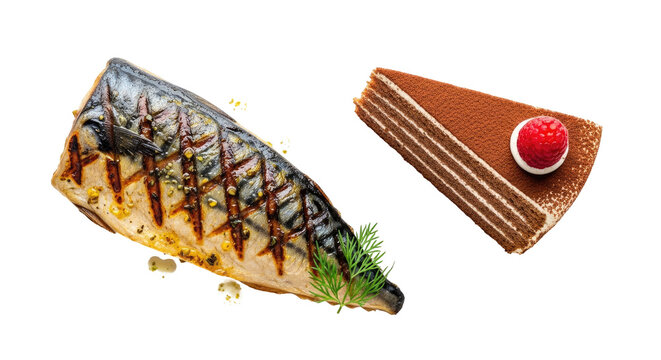 Grilled Mackerel Fillet and Chocolate Cake Slice on Transparent Background