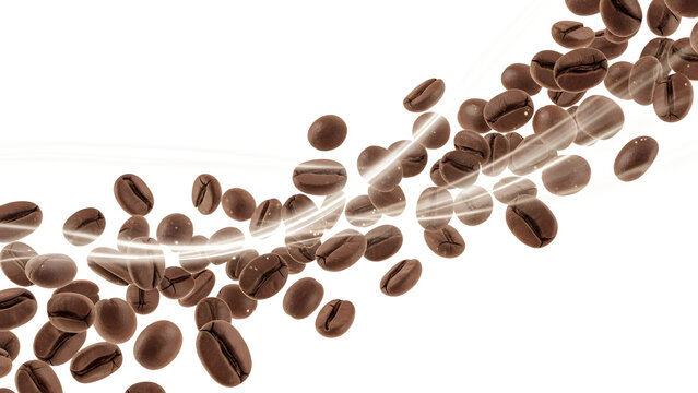 Fresh roasted coffee beans forming a curved wind path. Isolated on Transparent Background