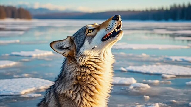 Majestic wolf howls at serene icy landscape with snowflakes
