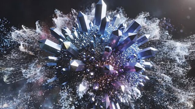 Close-up view of a cluster of blue and green geometric crystals with swirling pink and orange particles