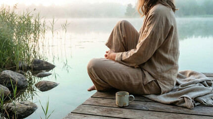Meditation lake mindfulness morning tranquility wellness peace woman sitting on a wooden pier during a misty sunrise with a coffee mug enjoying slow living and calm nature.