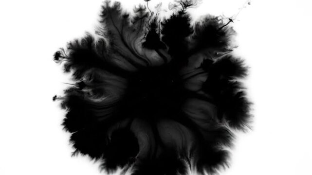 Abstract Black Ink Splatter Explosion on White Background - Dynamic Organic Fluid Art