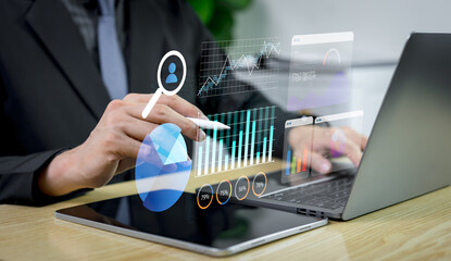 Business analyst analyzing rapidly changing data trends on laptop for strategic decision making, market insights, competitive advantage, and business success in a dynamic digital economy.