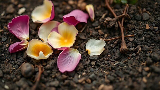 trampled. A garden soil surface with trampled flower petals and broken stems in soft daylight. ESG reports, sustainability campaigns, designed for sustainability communications and ESG reporting.