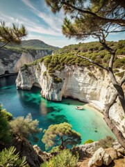 Fototapeta premium Unique turquoise bay on Zakynthos islands northern shore, shaped by ancient limestone cliffs and surrounded by pine trees