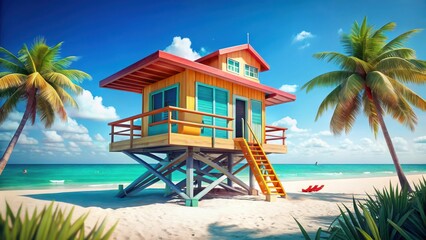 A colorful lifeguard hut stands proudly on the beachs shoreline, sheltered by tall palm trees and surrounded by crystalclear turquoise waters