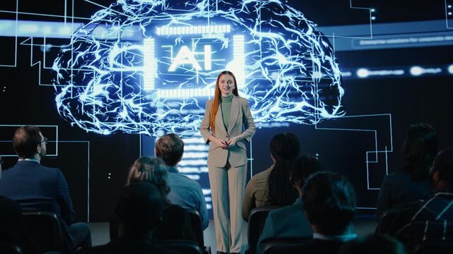 Female CEO presenter gives AI concept speech featuring ai assistant and automation, engages investors and team during forum in futuristic auditorium. Artificial intelligence discussion. Camera A.