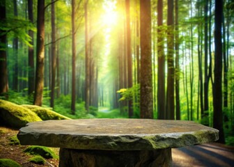 A serene forest landscape features a weathered stone tabletop as its focal point