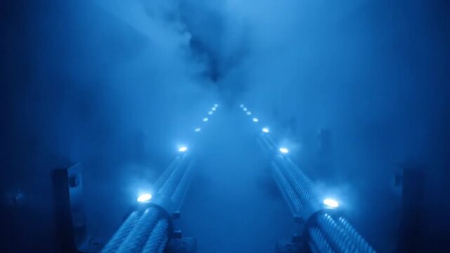 Industrial Cinematic Cryogenic Superconducting Cable Shrouded in Nitrogen Mist