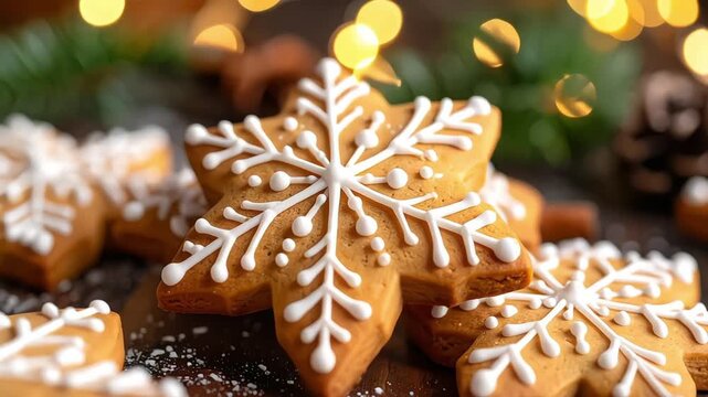 Delicious gingerbread snowflake cookies with festive holiday lights