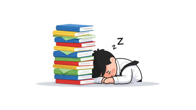 Tired student sleeping on a stack of books, depicting academic exhaustion and study fatigue