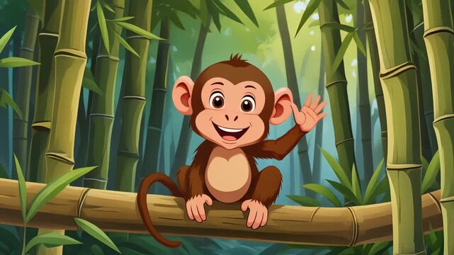 Happy cartoon monkey waves from a bamboo forest in an animated jungle clip.