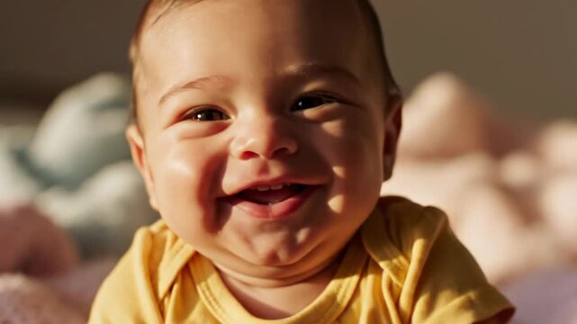 Happy baby smiling at the camera in warm light.