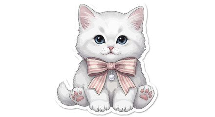 Fototapeta premium Cute fluffy white kitten with blue eyes wearing a pink bow tie, sitting