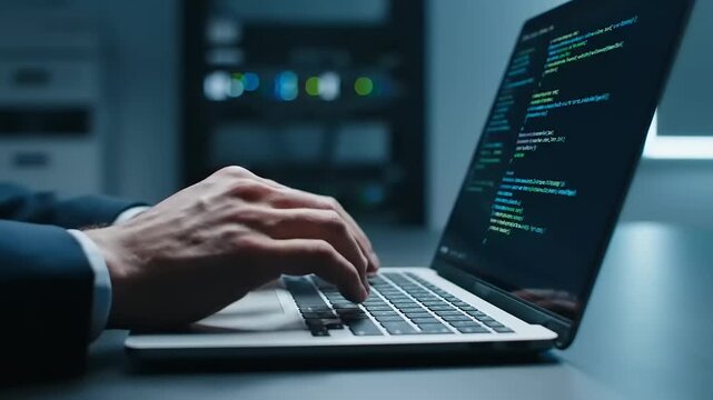 Close-up of a programmer's hands actively typing lines of intricate code on a modern laptop keyboard, showcasing digital development and software creation in a professional IT environment