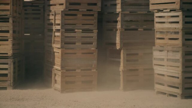 Stacks of Wooden Pallets in a Dusty Warehouse Scene.