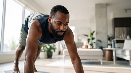 Obraz premium Focused African American Man Practicing Yoga or Stretching on a Mat in a Bright Modern Living Room, Home Workout, Healthy Lifestyle, Physical Fitness, Strengthening Exercises, Wellness Concept