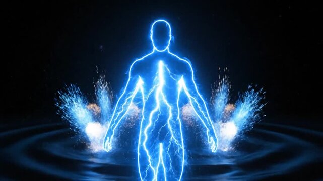 Intense blue electrical energy pulses through the silhouette of a human figure creating a powerful energetic and supernatural visualization