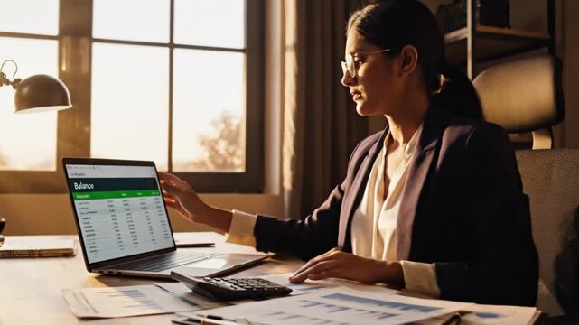 Focused businesswoman analyzing data on a laptop in a well-lit office with papers scattered on the desk.