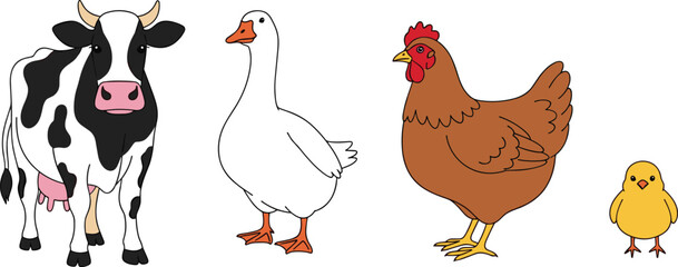 Cute cartoon farm animal set featuring a dairy cow, white goose, brown hen, and small yellow chick isolated on white. © MdAbdul