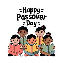 Five children reading books together with a happy passover day text above them