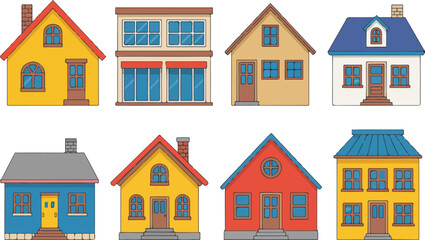 Naklejka premium A set of eight cartoon-style residential buildings arranged in two rows.
