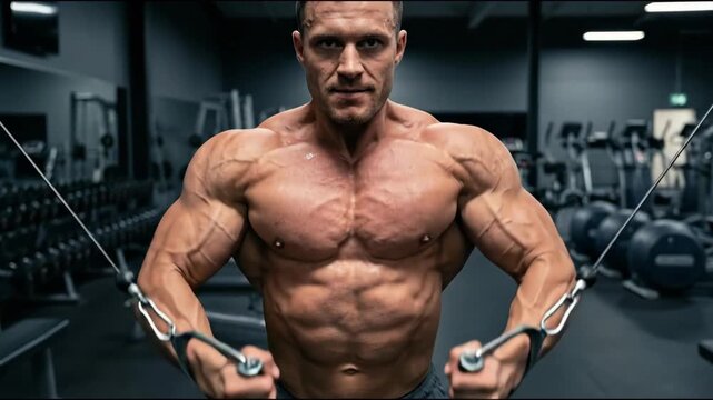 Muscular male athlete performing cable chest fly in gym with focused expression, defined torso and intense workout fitness energy