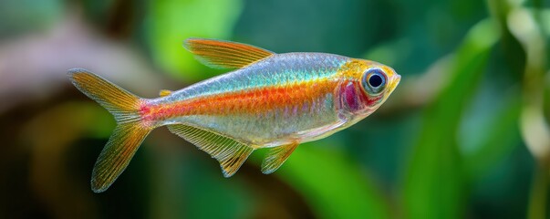 A vibrant, iridescent fish glides gracefully through lush, green underwater vegetation, showcasing its stunning colors and delicate fins.