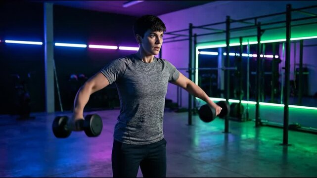 Athletic person and young athlete lifting dumbbell lateral raise neon gym focused strength training for muscular upper body fitness weight exercise