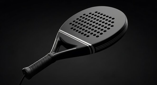 Black padel racket with white stripes on dark background