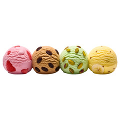 Four Colorful Ice Cream Scoops: Strawberry, Raisin, Pistachio, Banana , Isolated on Transparent Background 