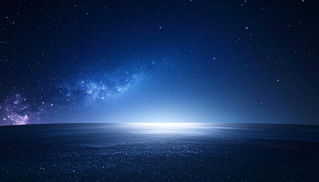 深い紺碧の宇宙に浮かぶ星々の煌めき、神秘的な夜明けの光が交差する幻想的な風景