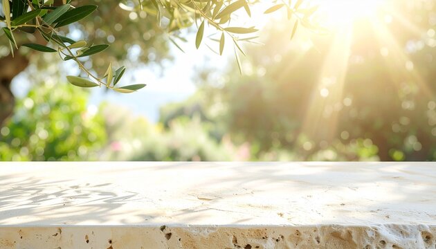 初夏の眩しい太陽と木漏れ日が作る影、ラフな質感の石材カウンターモックアップ