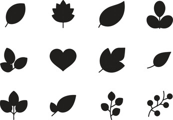 Fototapeta premium A set of 12 minimalist line art leaf icons arranged in a 3x4 grid against a white background.