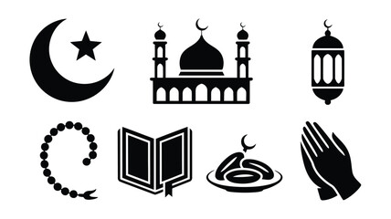 Obraz premium Collection of minimalist black islamic symbols and icons on white background including crescent moon mosque lantern rosary quran food and praying hands